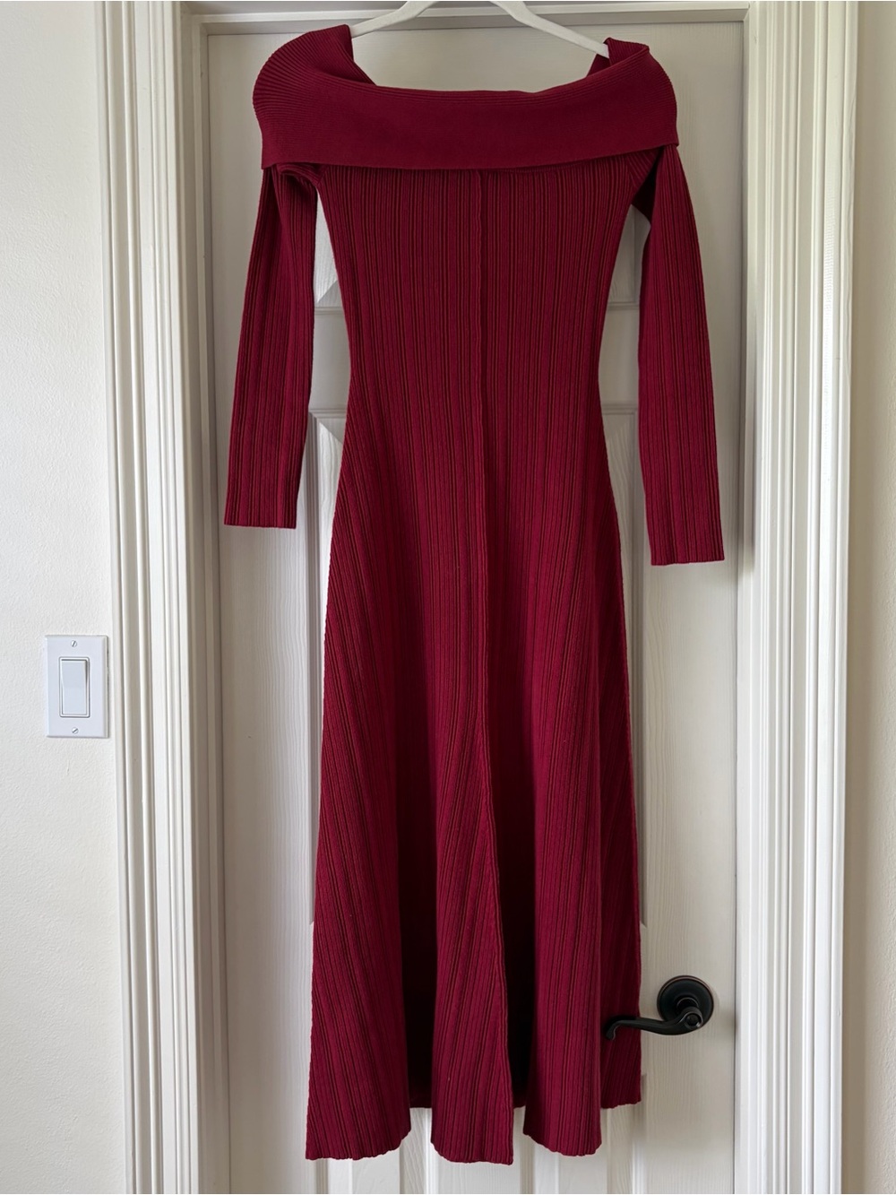 Olivaceous Off-Shoulder Ribbed Maxi Dress - Wine